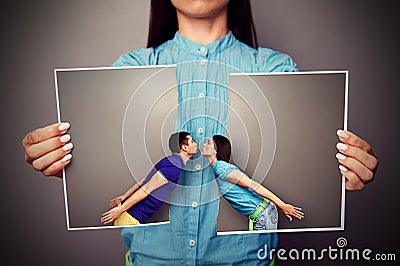 Lacerated photo of young kissing couple Stock Photo