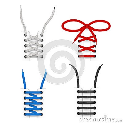 Lacing technique for sneaker, sport, shoes, trainers realistic templates set. Boots laces types. Vector Illustration