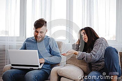 Angry woman quarrel to man ignoring her Stock Photo