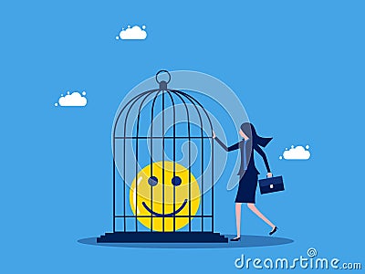Lack of freedom or happiness in life. Businesswoman locking happiness in a cage Vector Illustration