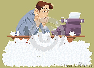 Lack of inspiration. Writer in creative crisis. Pensive businessman in office Vector Illustration