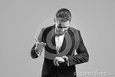 lack of time. deadline. late again. agile business. man with hand watch. shouting business man. boss has problem Stock Photo