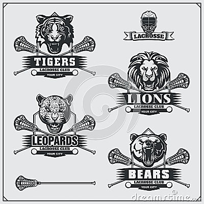 Lacrosse badges, labels and design elements. Sport club emblems with bear, lion, tiger and leopard. Vector Illustration