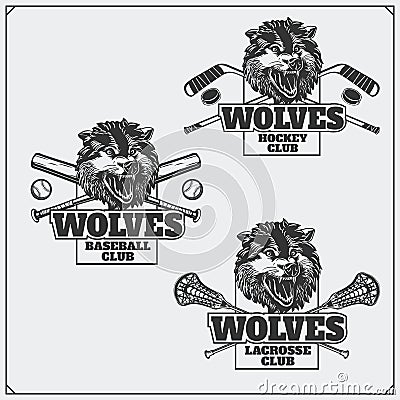 Lacrosse, baseball and hockey logos and labels. Sport club emblems with head of wolf. Vector Illustration