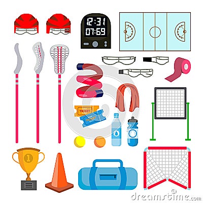 Lacrosse Icons Set Vector. Lacrosse Accessories. Gates, Net, Glasses, Mask, Stick, Helmet, Box, Timer, Plotter, Ball Vector Illustration