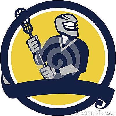 Lacrosse Player Ribbon Circle Retro Vector Illustration