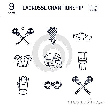 Lacrosse sport game vector line icons. Ball, stick, helmet, gloves, girls goggles. Linear signs set, championship Vector Illustration