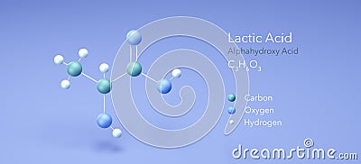 Lactic acid, Alphahydroxy Acid. Molecular structure 3d rendering, Structural Chemical Formula and Atoms with Color Coding, 3d Stock Photo