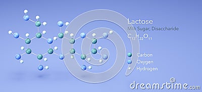 Lactose, disaccharide, milk Sugar. Molecular structure 3d rendering, Structural Chemical Formula and Atoms with Color Coding, 3d Stock Photo