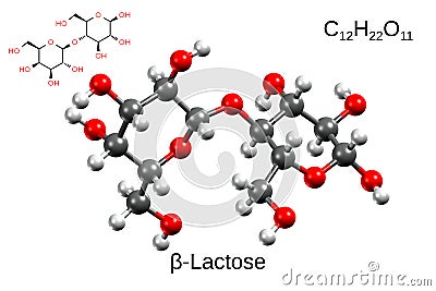 Chemical formula, structural formula and 3D ball-and-stick model of beta-lactose, white background Stock Photo