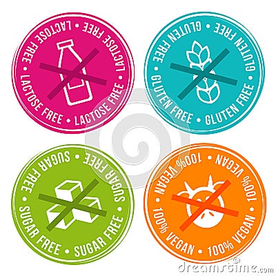 Lactose free, Gluten free, Sugar free and 100% vegan Badges. Vector Illustration