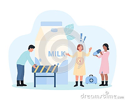 Lactose intolerance, tiny people holding barrier to put in front of bottle of milk Vector Illustration