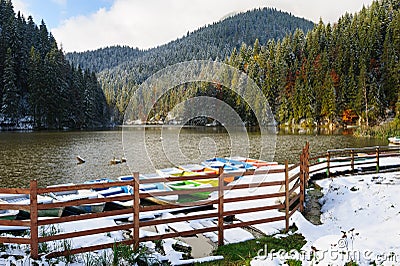 Lacul Rosu with snow, Red Lake, Romania Stock Photo