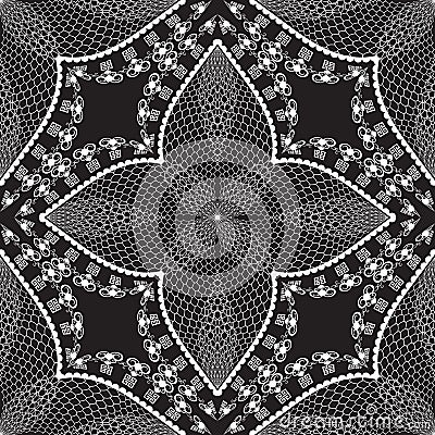 Lacy floral greek vector seamless pattern. Black and white patterned lace background. Ornamental decorative repeat grid backdrop. Vector Illustration