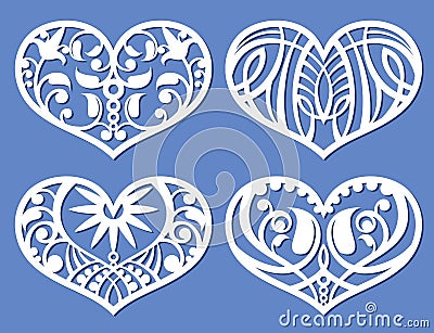 Lacy hearts, laser cutting fretwork shapes, plotter cutout love vector symbols Vector Illustration