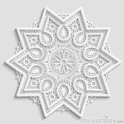 Lacy paper doily, decorative flower, decorative snowflake, lacy mandala, lace pattern, arabic ornament Vector Illustration