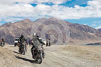 Rider at Pangong Lake view from Between Merak and Maan in Ladakh, Jammu and Kashmir, India Editorial Stock Photo