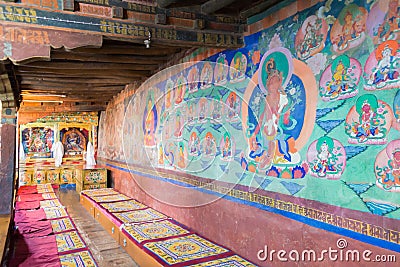 Ancient Mural at Thikse Monastery Thikse Gompa in Ladakh, Jammu and Kashmir, India. Editorial Stock Photo