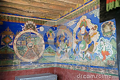Ancient Mural at Thikse Monastery Thikse Gompa in Ladakh, Jammu and Kashmir, India. Editorial Stock Photo