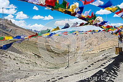 Tibetan Prayer flag to Fotu La Pass in Ladakh, Jammu and Kashmir, India. Stock Photo