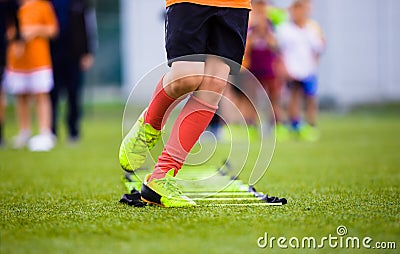 Ladder Drills Exercises for Football Soccer Team. Young Player Practice Stock Photo