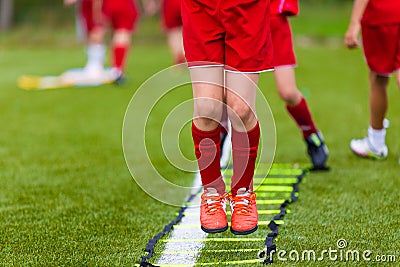 Ladder Drills Exercises for Football Soccer team. Young Players Stock Photo