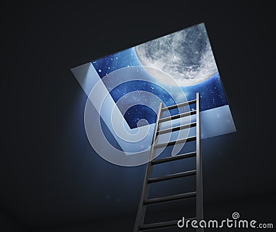 Ladder leading to a night sky moon Stock Photo