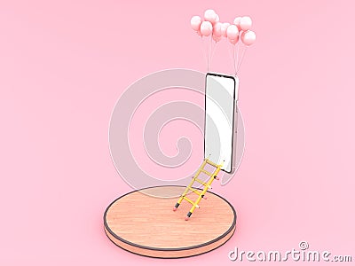 The ladder made of yellow pencil is leaning to the Smartphone white screen and a pink balloons tied to Smartphone white screen is Cartoon Illustration