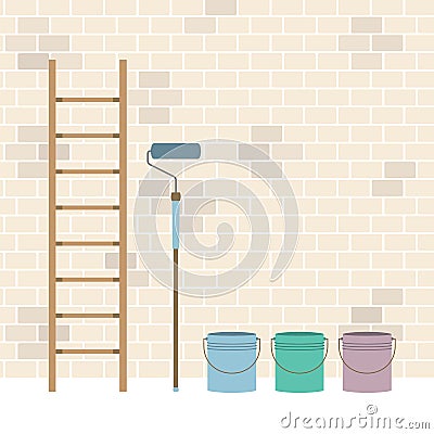 Ladder, Paint Roller And Paint Buckets Home Improvement Vector Illustration