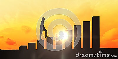 Ladder of success. Success concept with businessman silhouette climbing chart bars at sunset. Concept of success and achieving Stock Photo