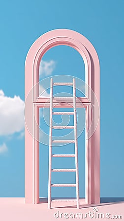 Ladder to the sky. Minimal conceptual scene of blue sky in an arch window. Stock Photo