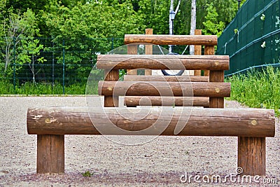 Ladder for training dogs. Sports equipment for practicing with pets on the site. Special area for classes. Empty training ground. Stock Photo