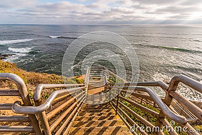 Ladera Street Ladder Overlooking Ocean at Sunset Cliffs Stock Photo