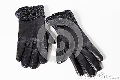 Ladies black leather gloves isolated Stock Photo