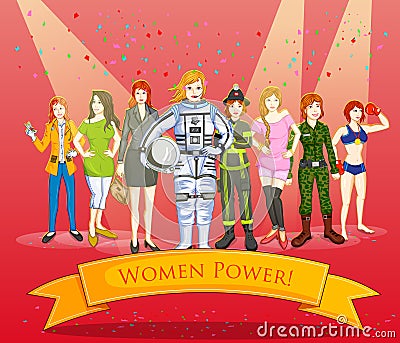 Ladies in different profession showing Women Power Vector Illustration