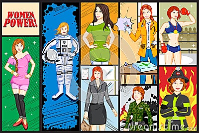 Ladies in different profession showing Women Power Vector Illustration