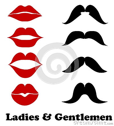 Ladies and gentlemen bathroom symbols. Stock vector lips and moustache fashion, vintage icons illustration Vector Illustration