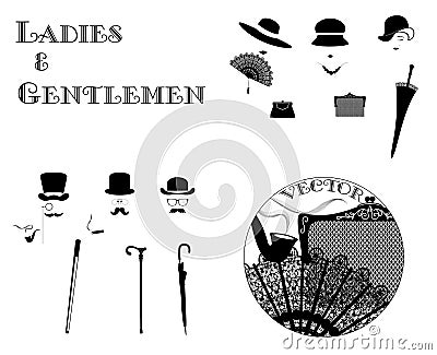 Ladies and gentlemen figures with accessories Vector Illustration