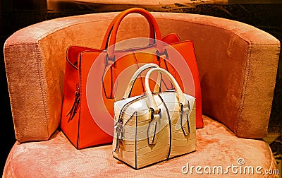 Ladies genuine leather handbags Stock Photo