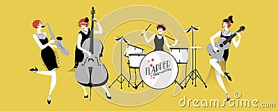 Ladies Jazz Orchestra. Four flapper girls playing music. Stock Photo