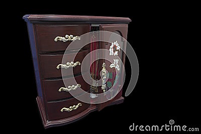 Ladies Mahogany Jewellery Box Isolated on black Stock Photo