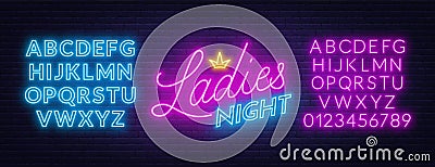 Ladies Night neon lettering on brick wall background. Vector Illustration