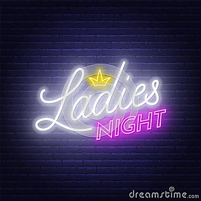 Ladies Night neon lettering on brick wall background. Vector Illustration