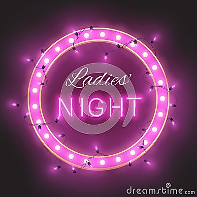 Ladies ` night pink shiny retro signboard with led lights garland, vector illustration Vector Illustration