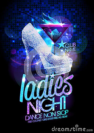 Ladies night poster with high heeled diamond crystals shoes and cocktail. Vector Illustration