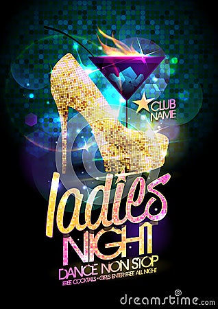 Ladies night vector illustration with gold high heeled shoes and burning cocktail. Vector Illustration