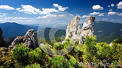 Ladies rocks peak mountain in Bucovina County on summer day , Romania Stock Photo