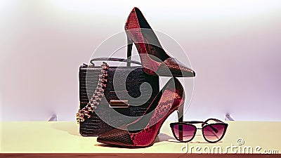 Ladies shoes, handbag, sunglass and jewelry Stock Photo