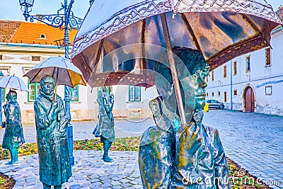 Ladies with Umbrellas monument in Obuda, Budapest, Hungary Editorial Stock Photo