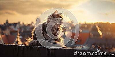 adorable fluffy cat sit on roof overview on old town Tallinn on evening sunset Stock Photo
